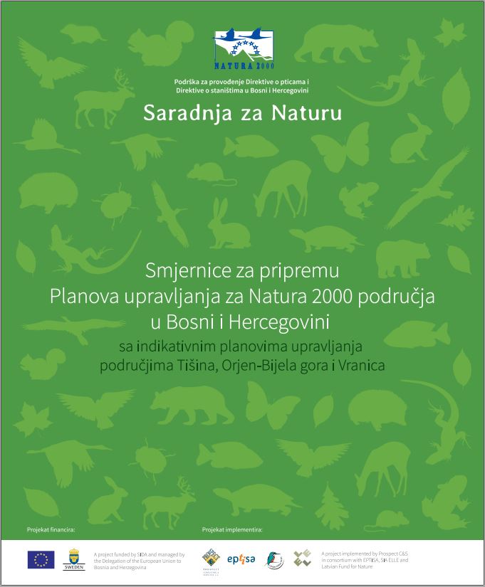 Naslovna stranica publikacije "Smjernice za pripremu Planova upravljanja za Natura 2000 područja u Bosni i Hercegovini sa indikativnim planovima upravljanja područjima Tišina, Orjen-Bijela gora i Vranica"