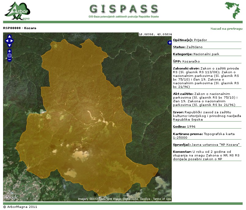 Страница са детаљима селектованог објекта GISPASS апликације