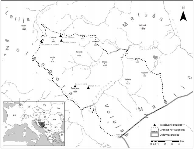 Карта истраживаних локалитета у НП Сутјеска