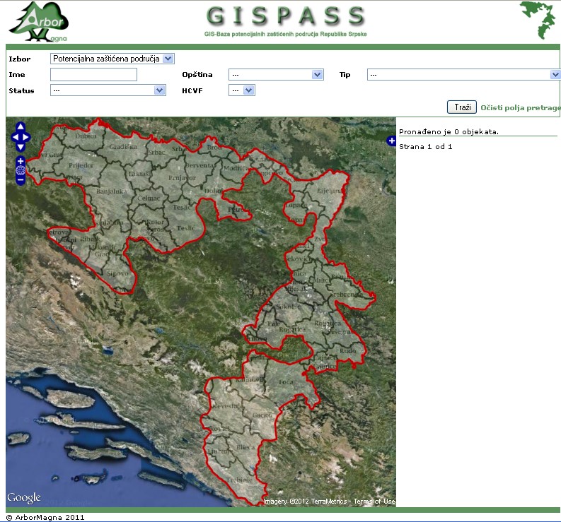 Početna stranica korisničkog interfejsa GISPASS aplikacije